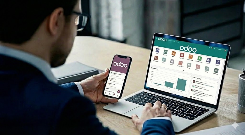 Plataforma Odoo ERP en uso - dashboard de gesti&oacute;n empresarial